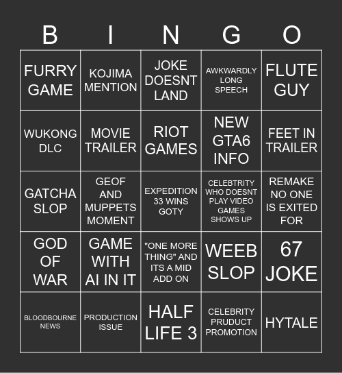 Game awards 2025 Bingo Card
