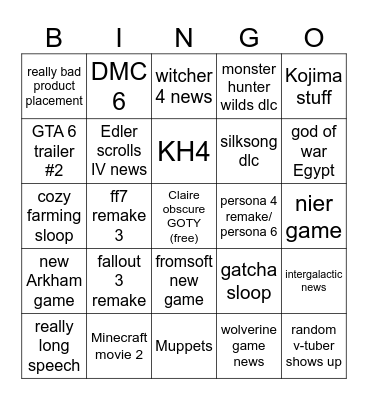 game awards bingo Card