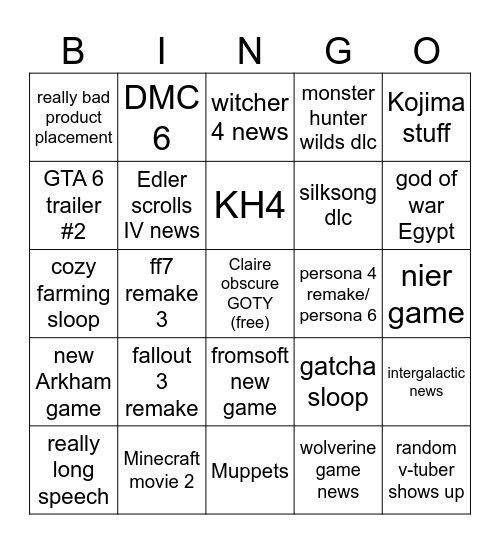 game awards bingo Card