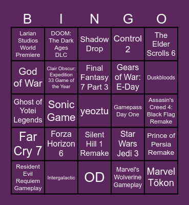 The Game Awards Bingo Card