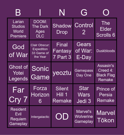 The Game Awards Bingo Card