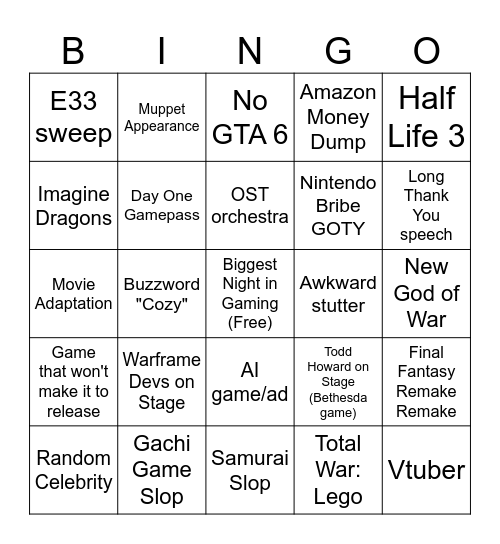 Game Awards 2025 Bingo Card