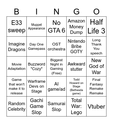 Game Awards 2025 Bingo Card