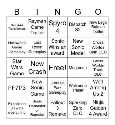 Game Awards Bingo Card