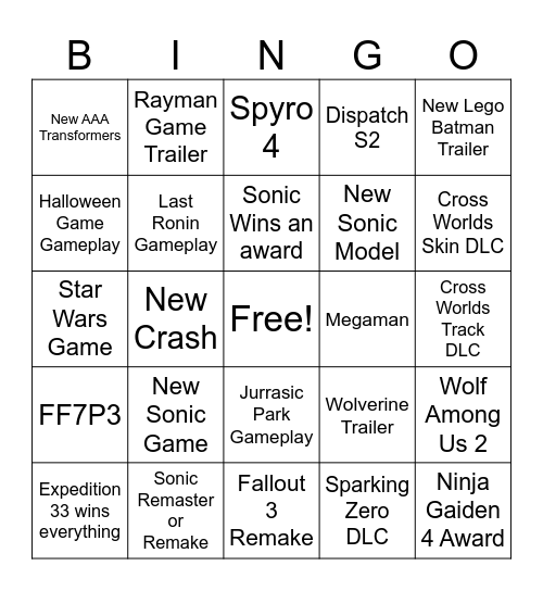 Game Awards Bingo Card