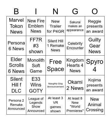 Game Awards 2025! Bingo Card