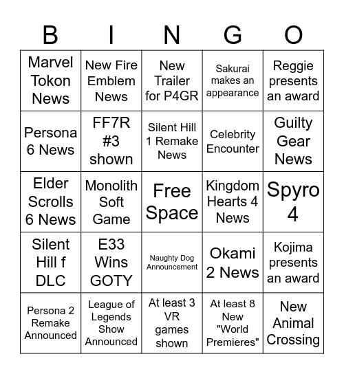 Game Awards 2025! Bingo Card