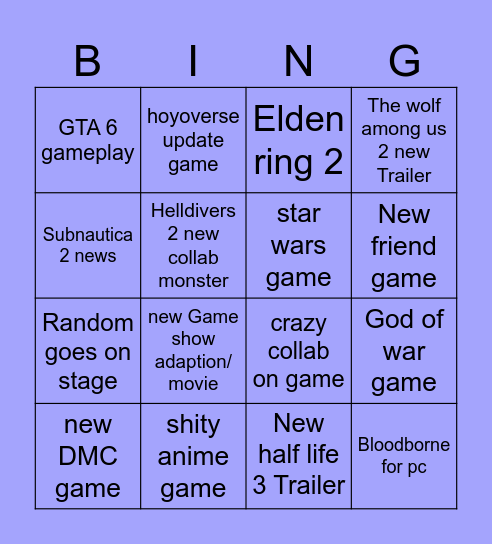 game awards 2025 Bingo Card