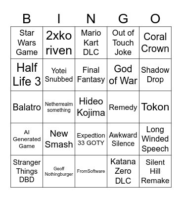 game awards 2025 Bingo Card