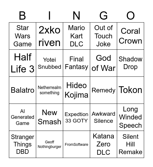 game awards 2025 Bingo Card