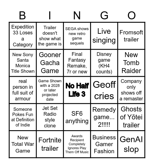 TGA Bingo Card