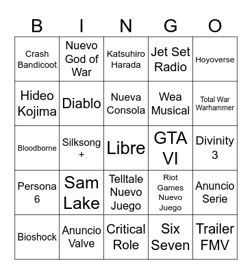 Game Awards 2025 Bingo Card