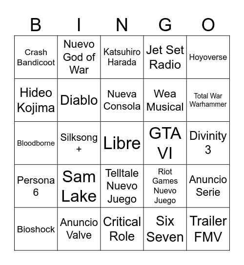 Game Awards 2025 Bingo Card