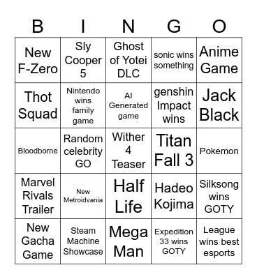 Game Awards Bingo Card