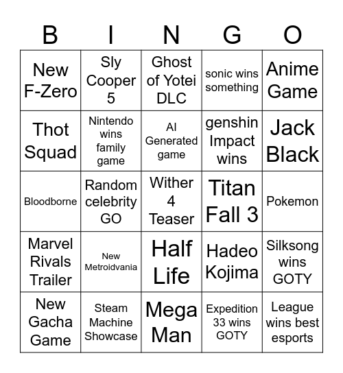 Game Awards Bingo Card