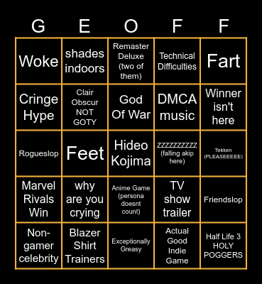 Geoff Keighley Get Naked Bingo Card