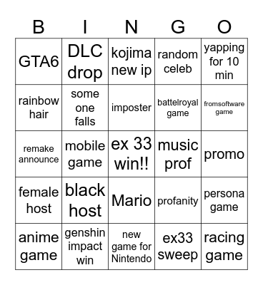 game award Bingo Card