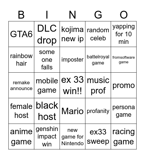 game award Bingo Card