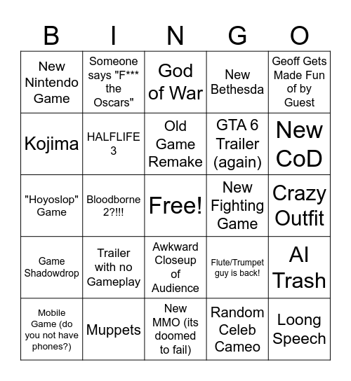 The Game Awards 2025 Bingo Card