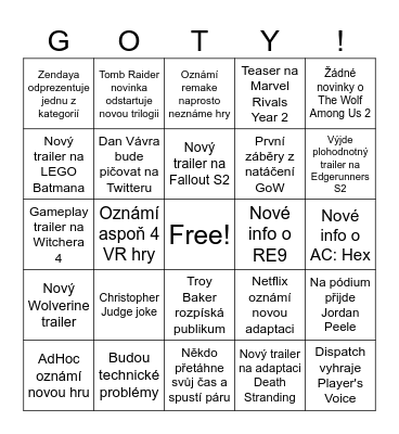 Game Awards Bingo Card