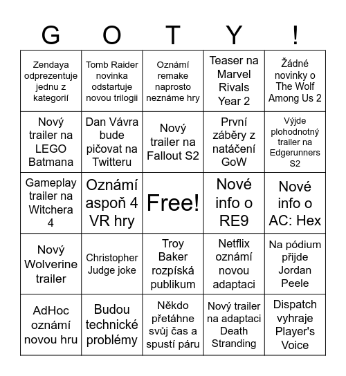 Game Awards Bingo Card