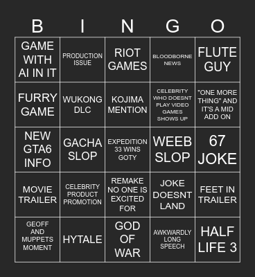 GAME AWARDS 2025 Bingo Card