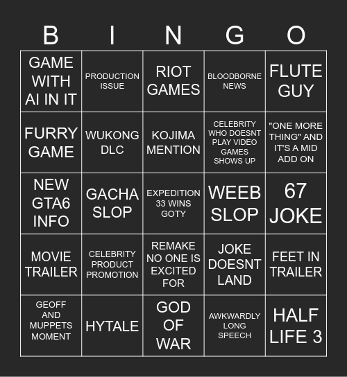 GAME AWARDS 2025 Bingo Card