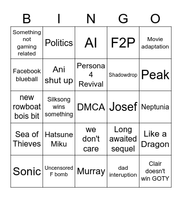 Game Awards 2025 Bingo Card