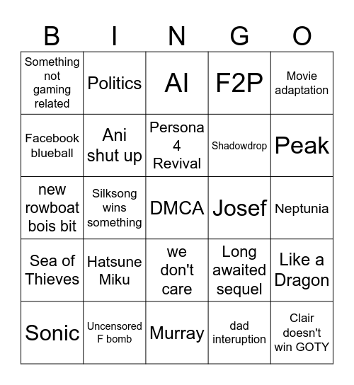 Game Awards 2025 Bingo Card