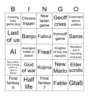 Game awards 2025 Bingo Card