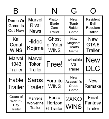 The Game Awards 2025 Bingo Card