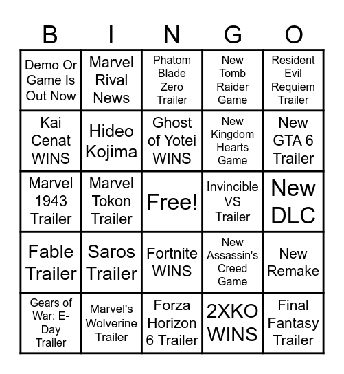The Game Awards 2025 Bingo Card