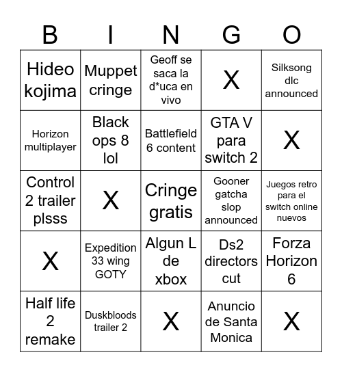 The game awards 2025 Bingo Card