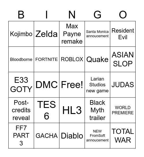 GAME AWARDS Bingo Card