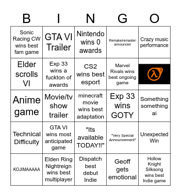 Game Awards Bingo Card