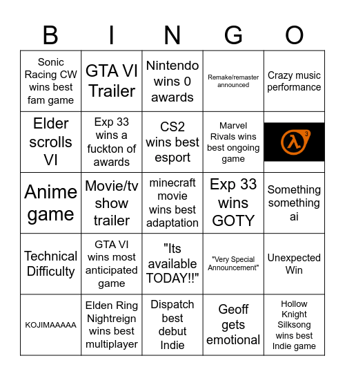 Game Awards Bingo Card
