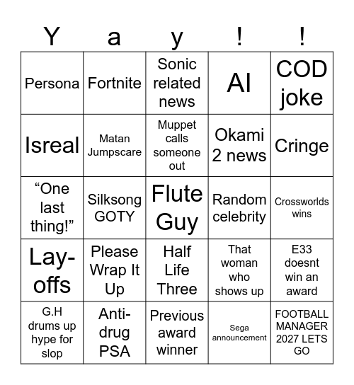Gay Awards 2025 Bingo Card