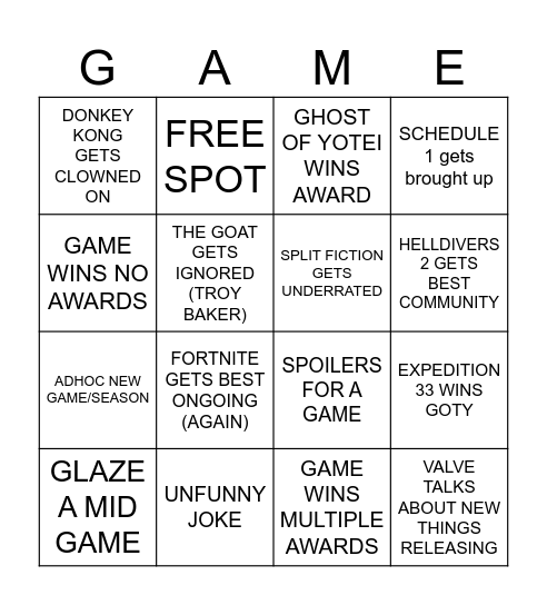GAME AWARDS Bingo Card
