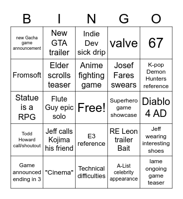 TGA Bingo Card