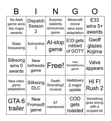 TGA Bingo Card