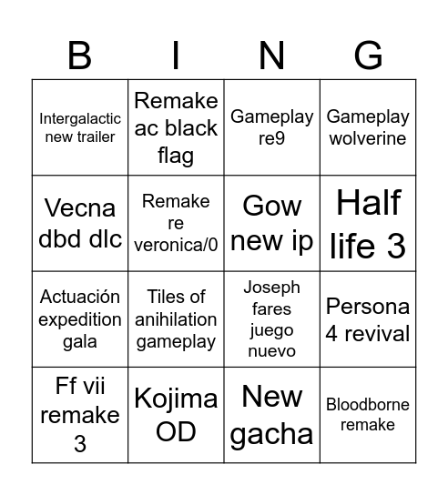 Peak goty Bingo Card
