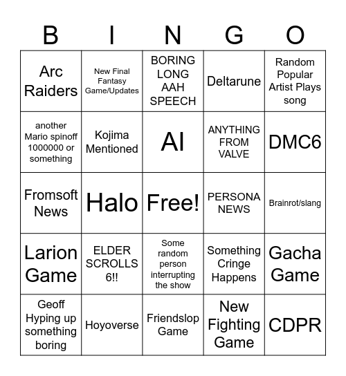 Game Awards 2025 Bingo Card