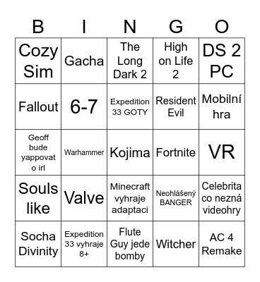 Game Awards 2025 Bingo Card