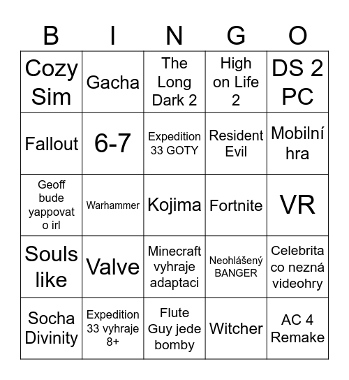 Game Awards 2025 Bingo Card