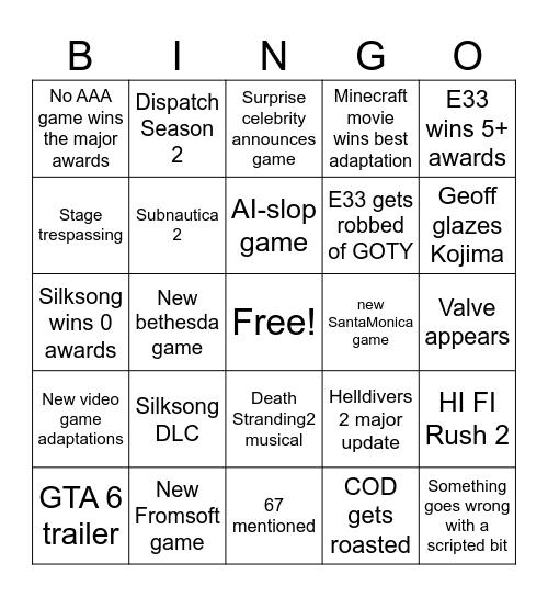 TGA Bingo Card
