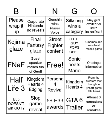 Game Awards 2025 Bingo Card