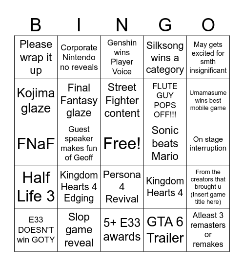 Game Awards 2025 Bingo Card