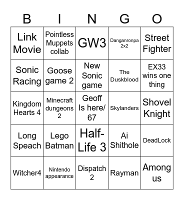 Game Awards 2025 Bingo Card