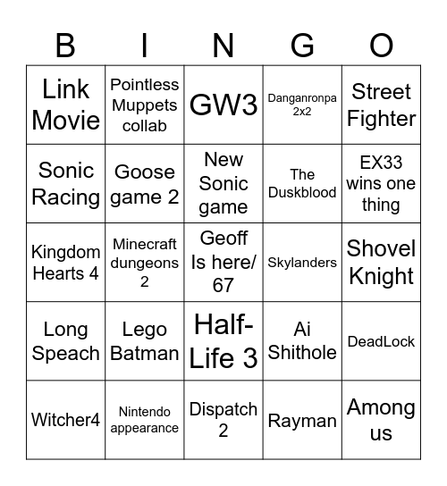 Game Awards 2025 Bingo Card