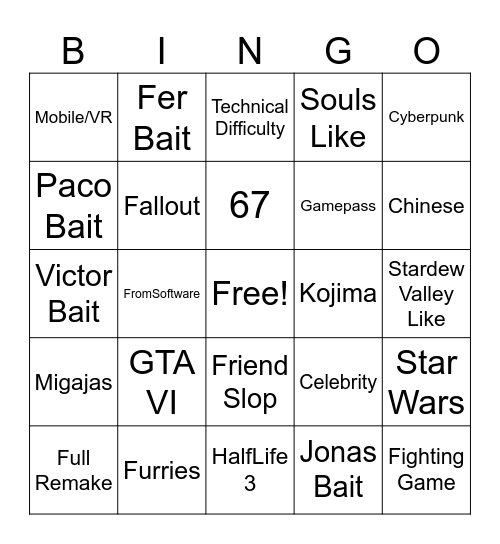 TGA Bingo Card